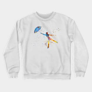 happy woman holding umbrella silhouette in watercolor Crewneck Sweatshirt